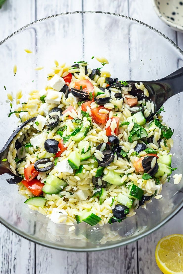 Overhead shot of Greek Orzo Salad with Lemon Dressing