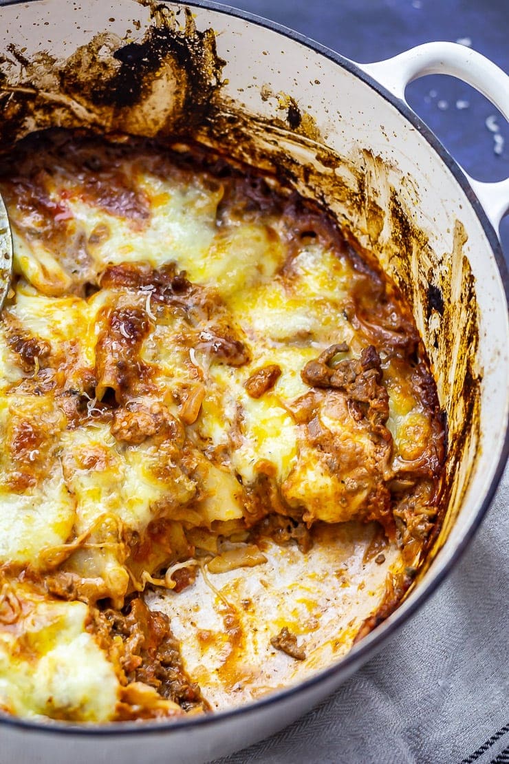 One pot lasagne with spoonful taken