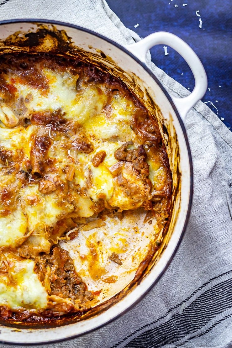 One pot lasagne with spoonful taken