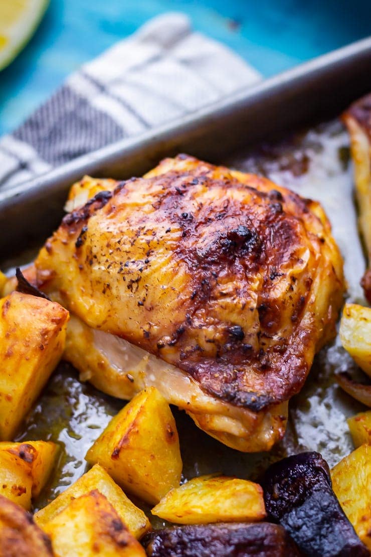 Close up of sheet pan harrisa chicken