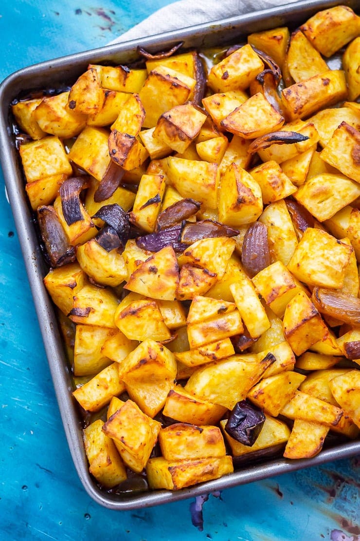 Close up of the potatoes in sheet pan harissa chicken