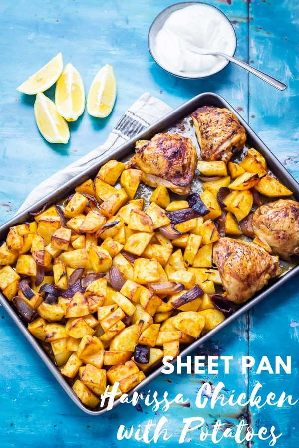 This sheet pan harissa chicken is so easy to make. With a hint of spice and a cooling garlic yoghurt on top this will make your mid-week dinner a breeze. #harissa #harissachicken #thecookreport #sheetpan #sheetpanrecipe #recipe #chickenrecipe