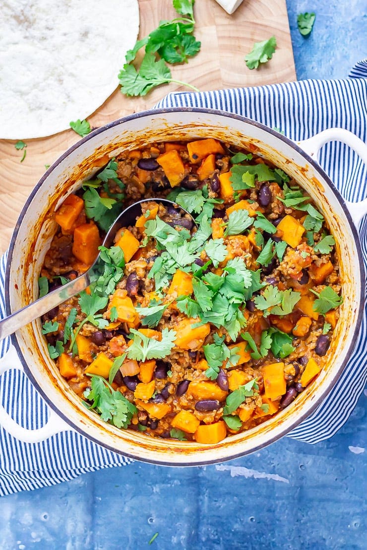 Overhead shot of chipotle turkey and sweet potato chilli for burritos