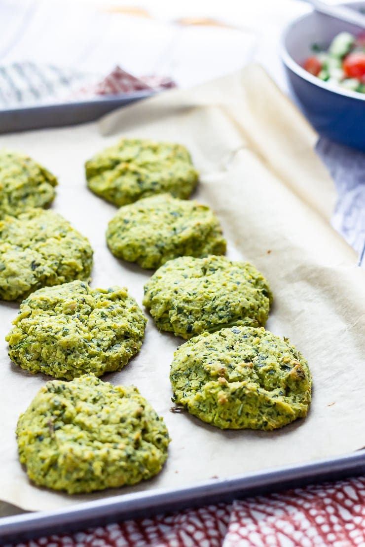 Baked falafel on a baking sheet 