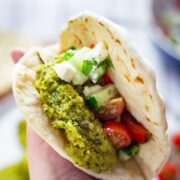 Chickpea Recipes: Baked falafel in a flatbread with cucumber, tomato and feta