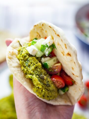 Chickpea Recipes: Baked falafel in a flatbread with cucumber, tomato and feta