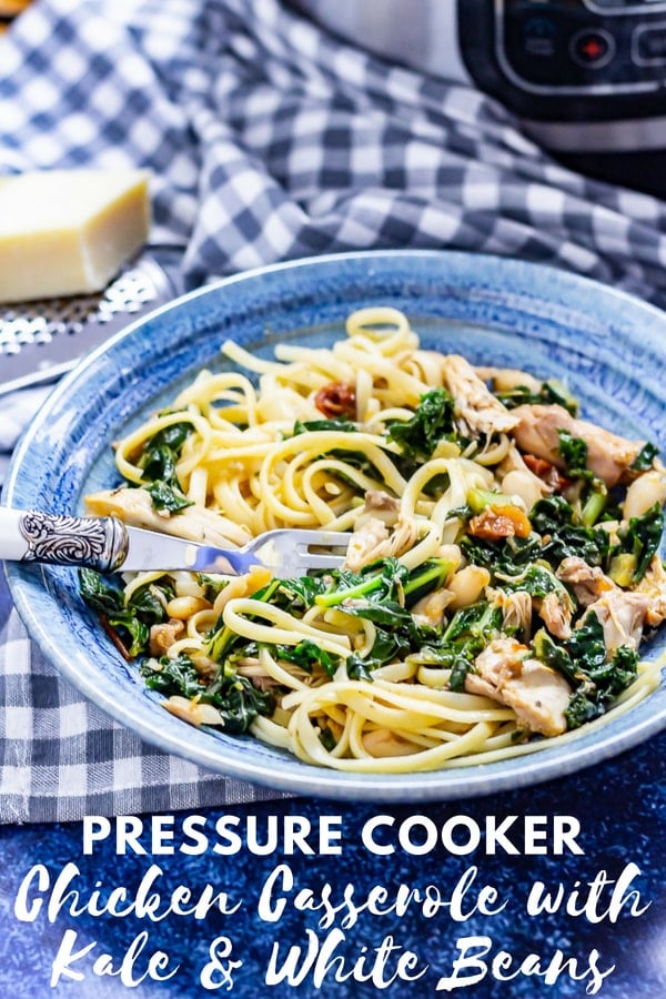Pinterest image for pressure cooker chicken casserole with text overlay