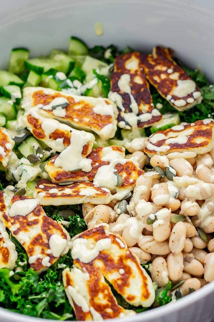 Close up of halloumi salad with kale