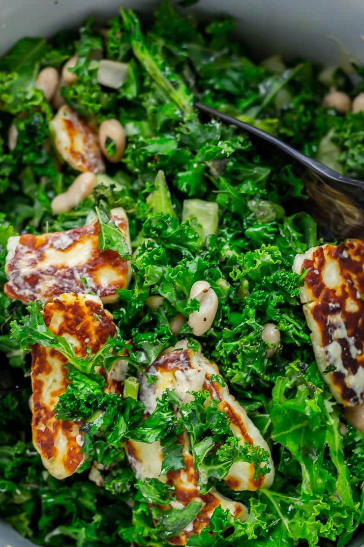 Close up of halloumi salad with kale