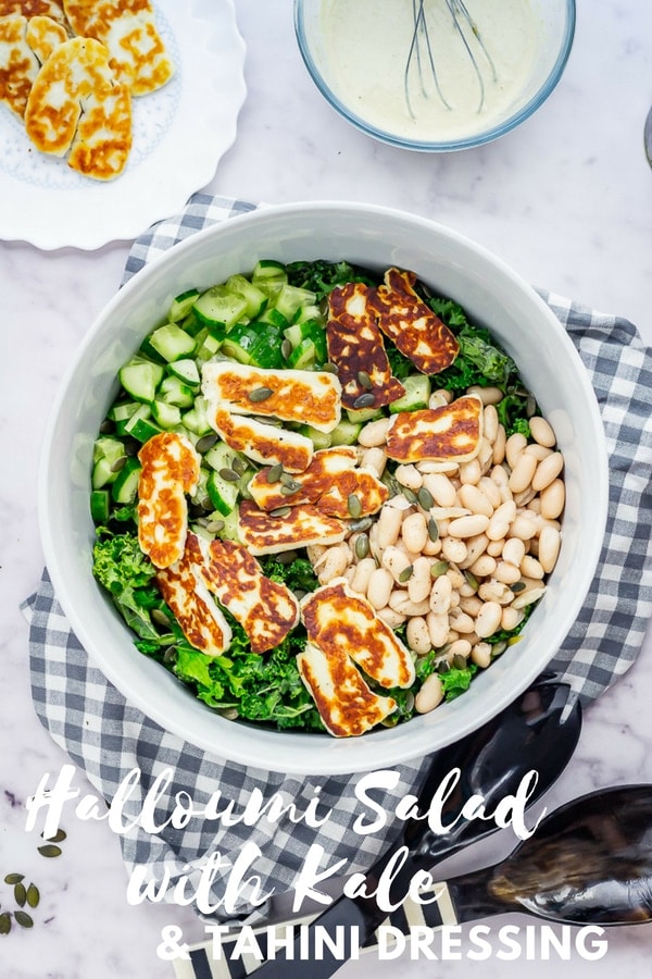 Pinterest image for halloumi salad with text overlay