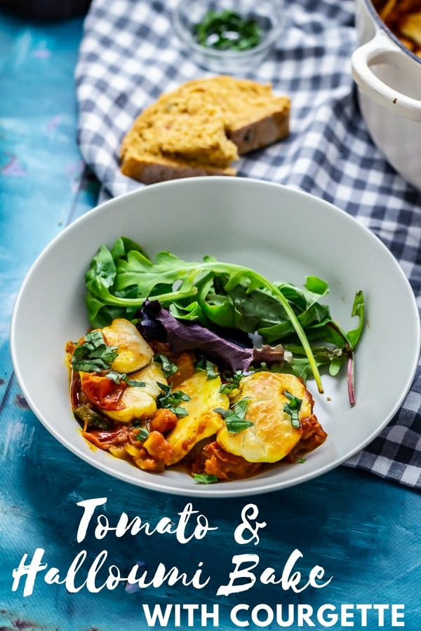 Pinterest image for tomato and halloumi bake with text overlay