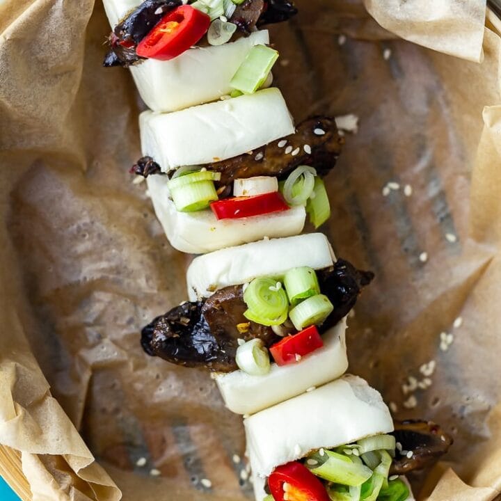 Overhead shot of mushroom bao in a steamer basket