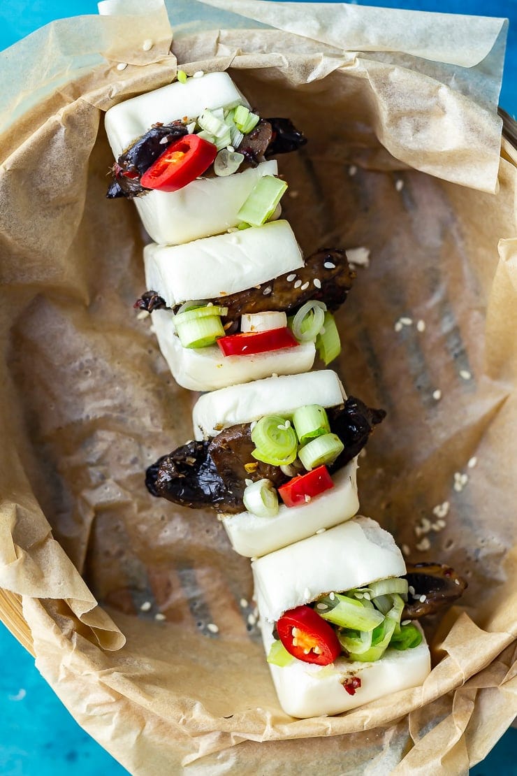 Overhead shot of mushroom bao in a steamer basket