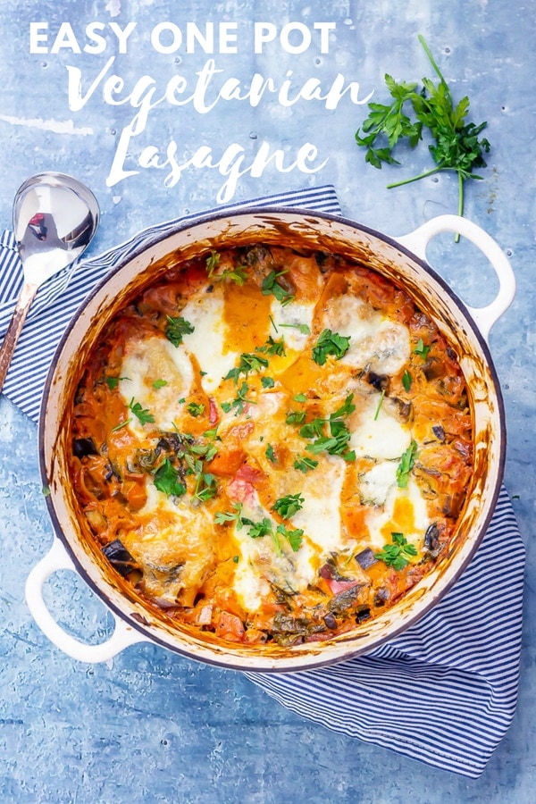 Pinterest image for one pot veg lasagne with text overlay