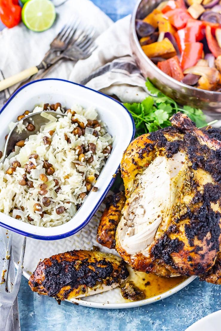 Jerk roasted chicken with rice and coconut curry