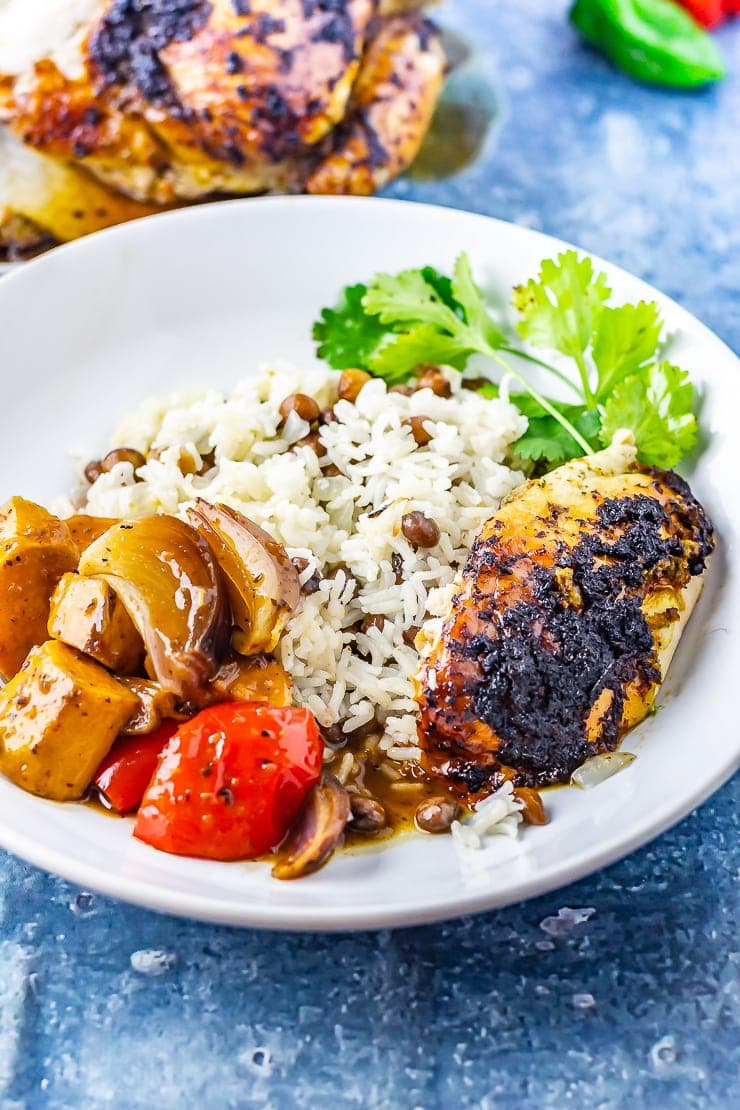 Jerk roasted chicken and coconut curry on a plate on a blue background