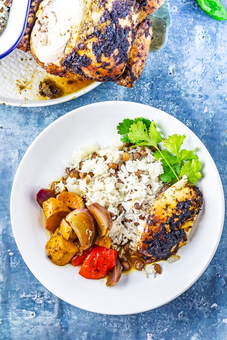 Overhead shot of jerk roasted chicken with rice and curry on a white plate over a blue background