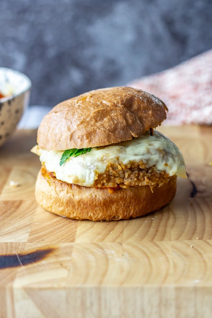 Side on view of veggie burger on a wooden board