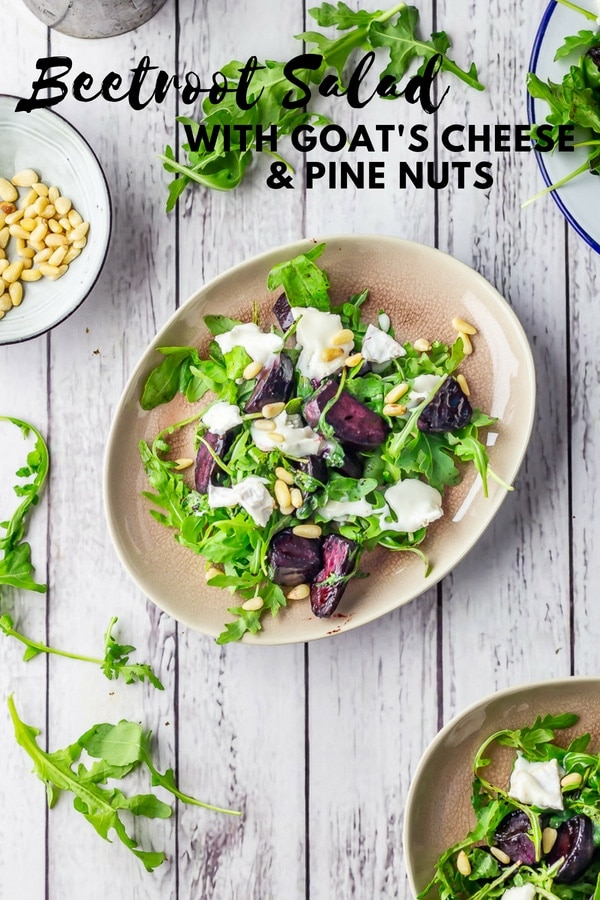 This beetroot salad is the perfect way to enjoy beetroot. The sweetness of the beets goes perfectly with the salty goat's cheese, peppery rocket and pine nuts! #beetroot #beetrootrecipe #salad #saladrecipe #autumnsalad #fallsalad #thecookreport