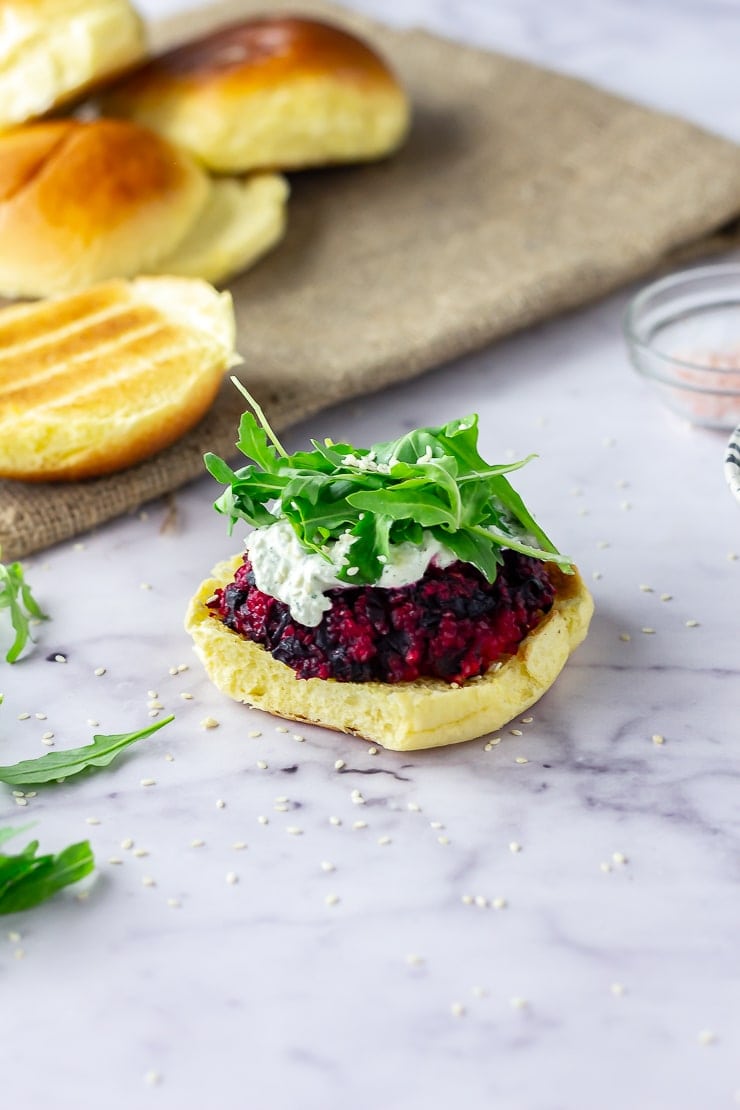 Beetroot burgers on a marble background