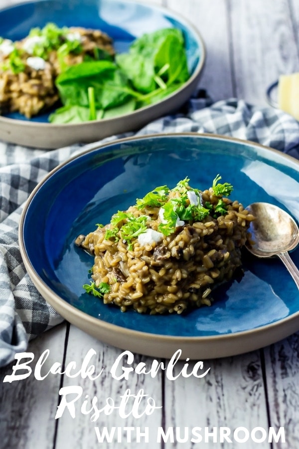 Pinterest image for black garlic risotto with text overlay