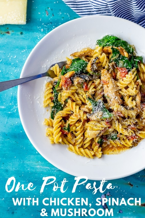 Pinterest image for one pot pasta with chicken with text overlay