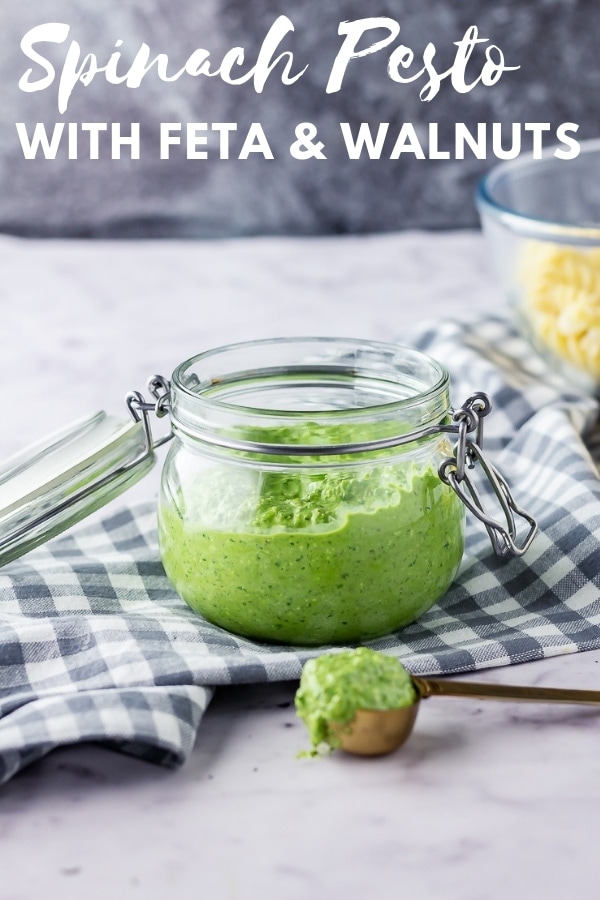 Pinterest image for spinach pesto with text overlay