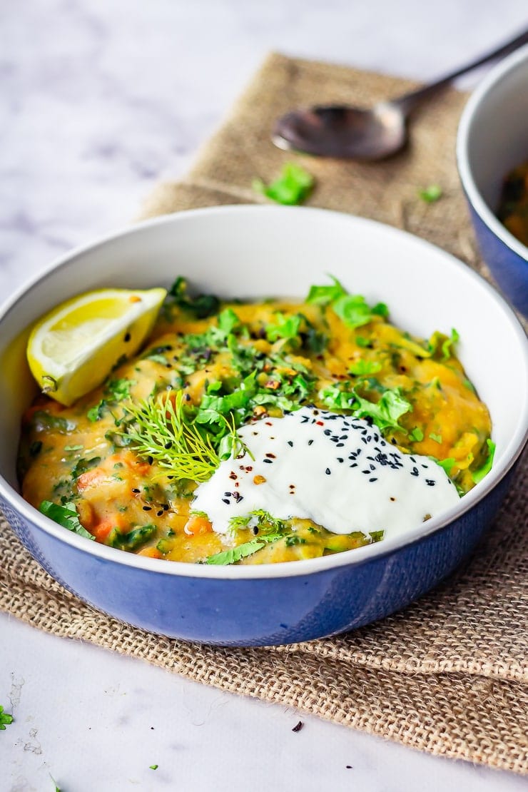 Bowl of pressure cooker smoky lentil stew 