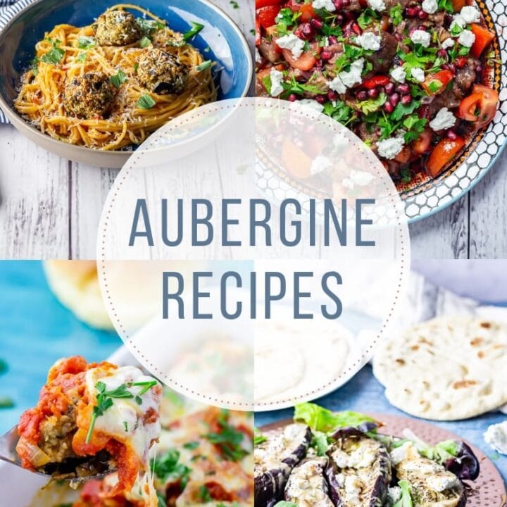 Combined image of aubergine recipes with text overlay
