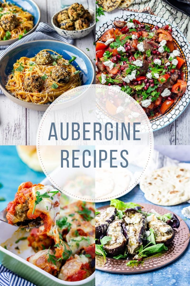 Combined image of aubergine recipes with text overlay