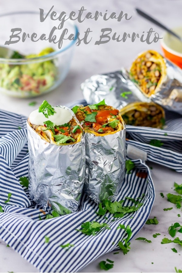 Pinterest image for vegetarian breakfast burrito with text overlay