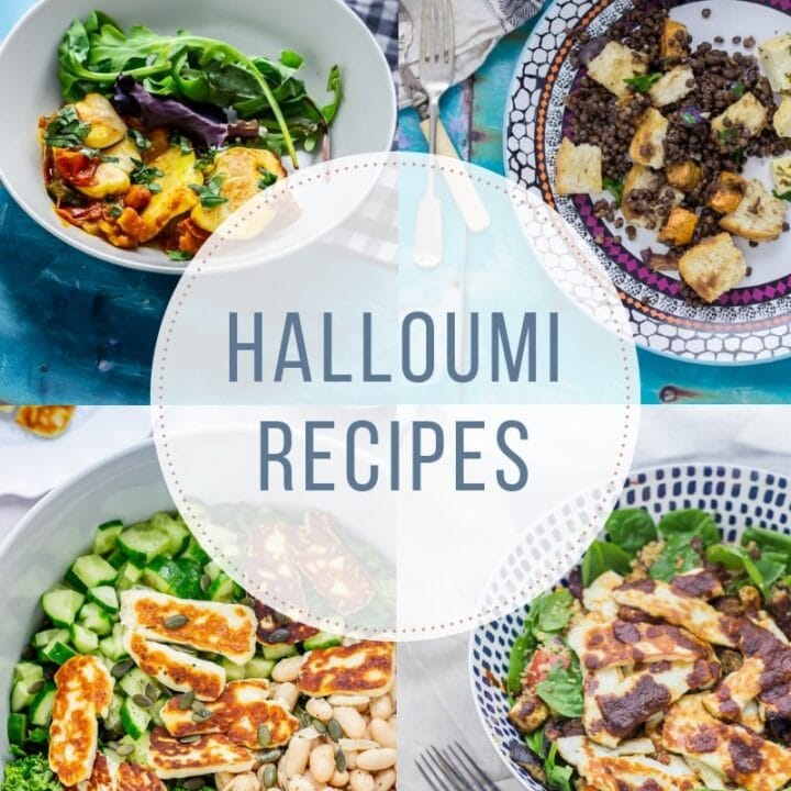 Combined image of halloumi recipes with text overlay