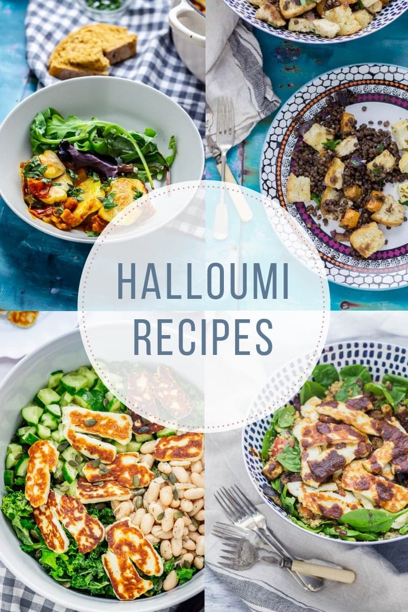 Combined image of halloumi recipes with text overlay