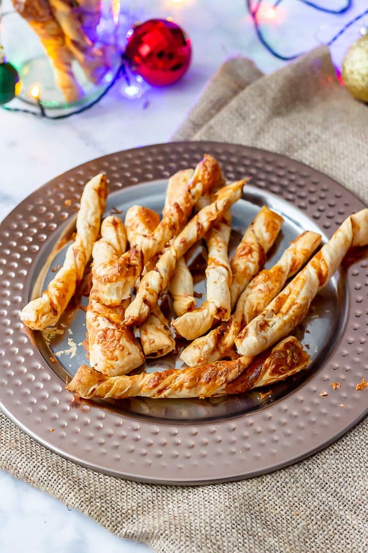 Chipotle cheese twists on a bronze platter 