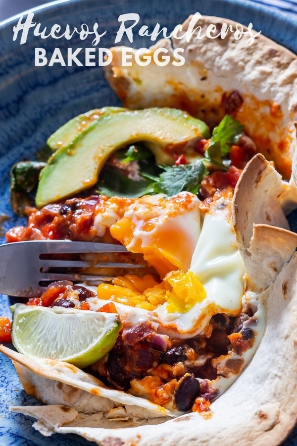 Pinterest image for huevos rancheros baked eggs with text overlay