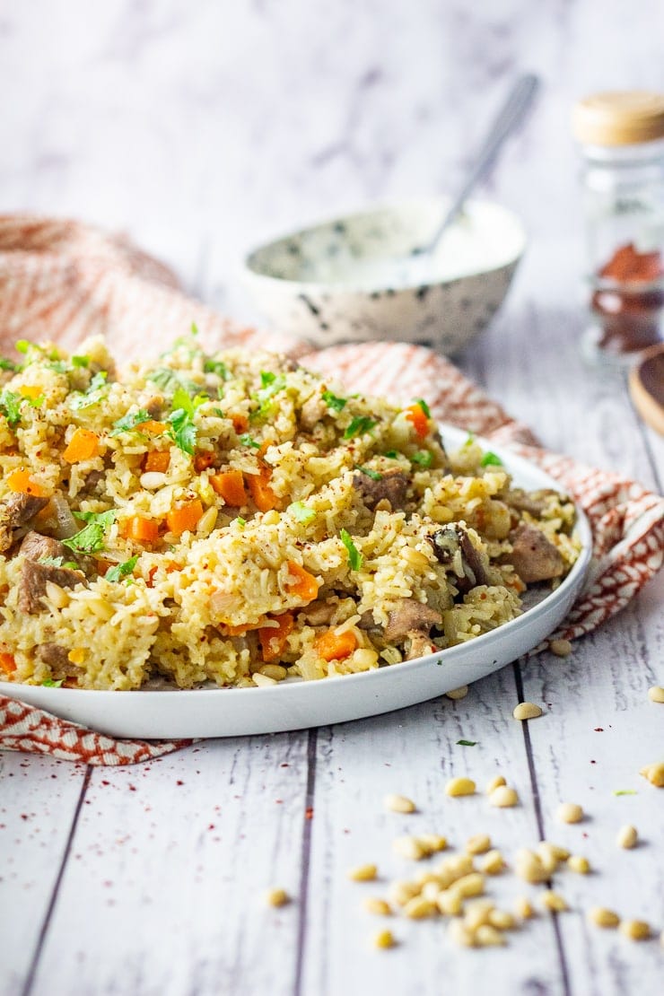 Side on shot of leftover turkey pilaf with pine nuts in a white wooden background