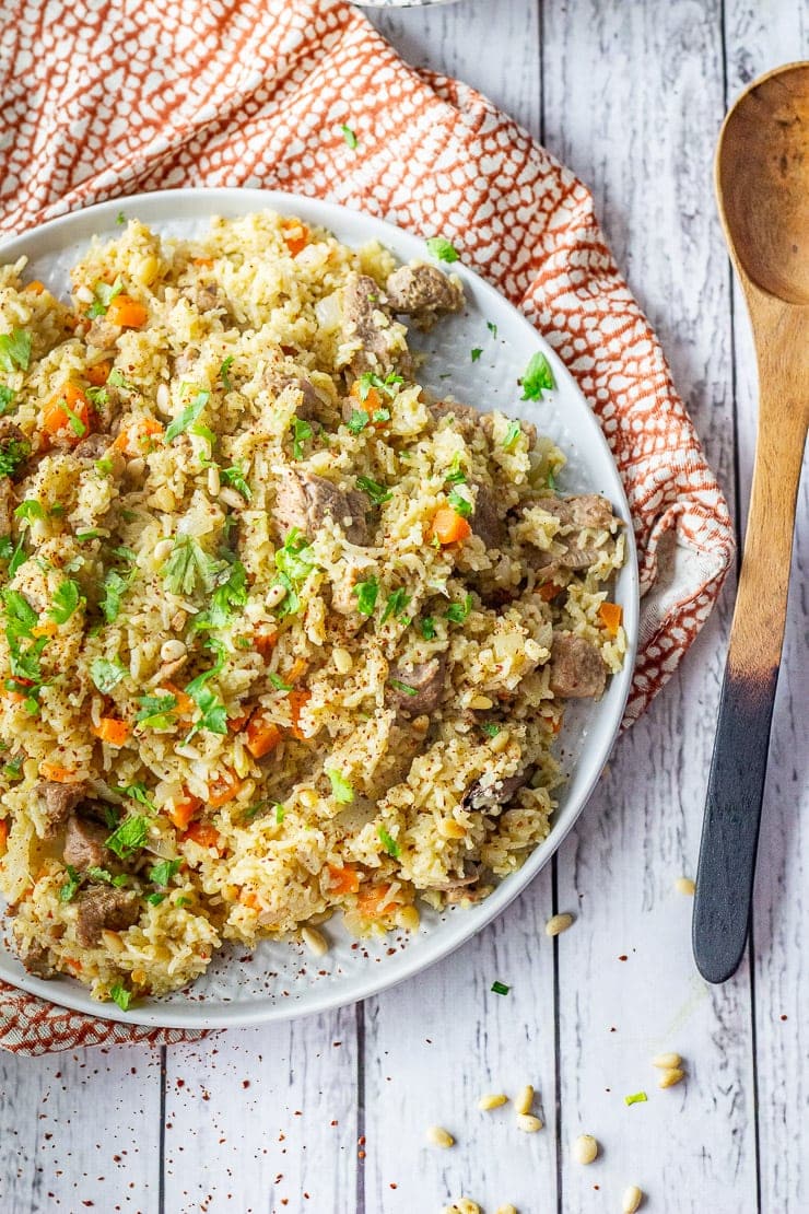 Overhead shot of leftover turkey pilaf