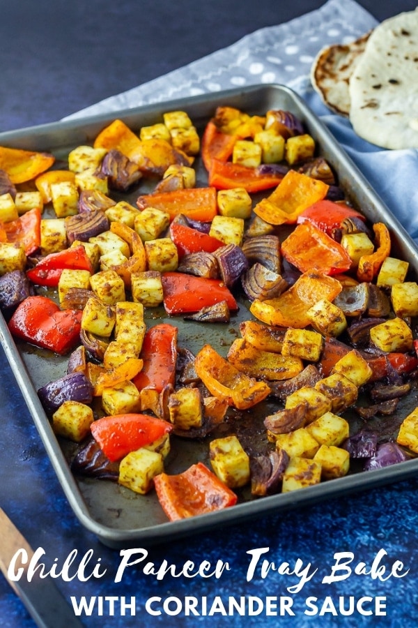 Pinterest image for chilli paneer tray bake with text overlay