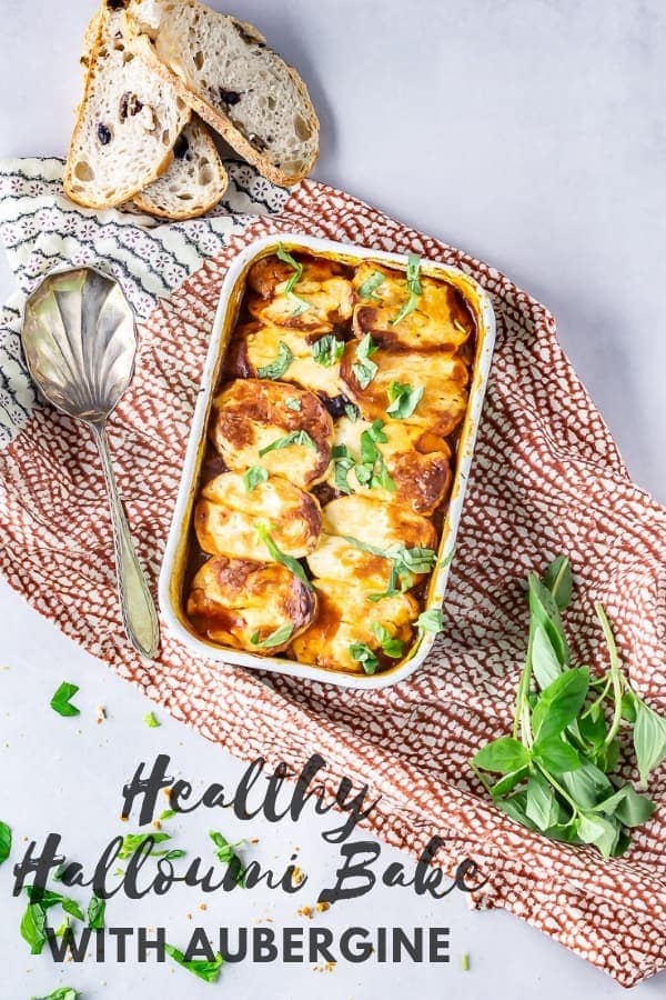 Pinterest image for halloumi bake with aubergine with text overlay