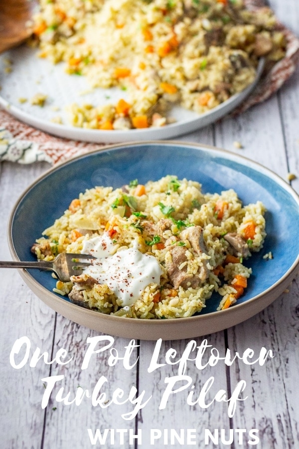 Pinterest image for one pot leftover turkey pilaf with text overlay