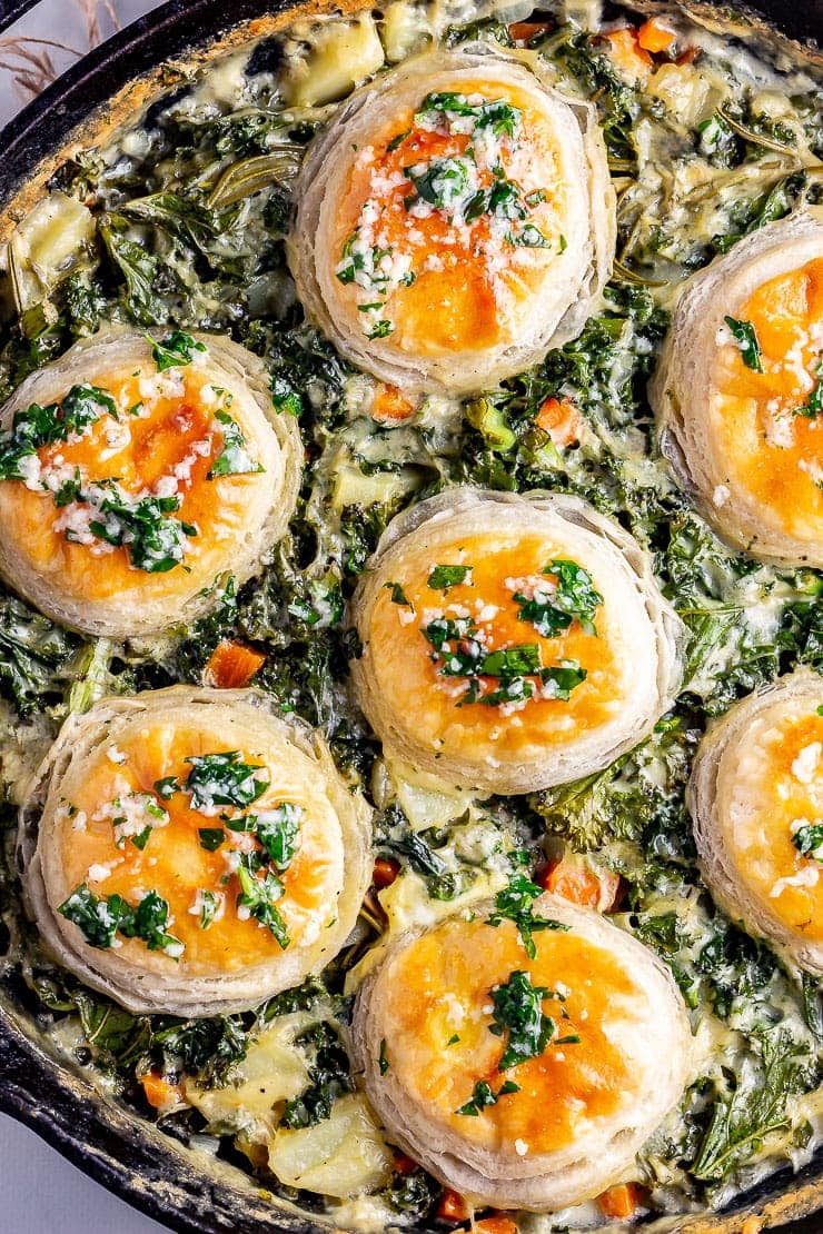 Close up overhead shot of skillet vegetable pie