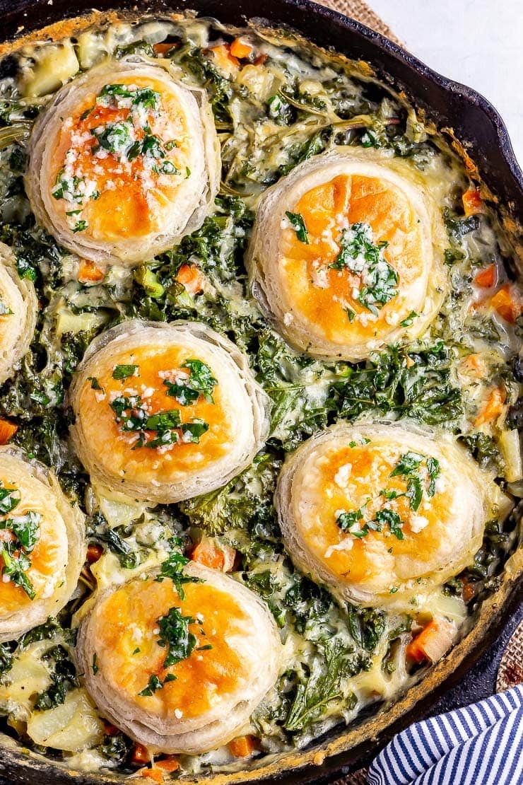 Overhead close up of skillet vegetable pie