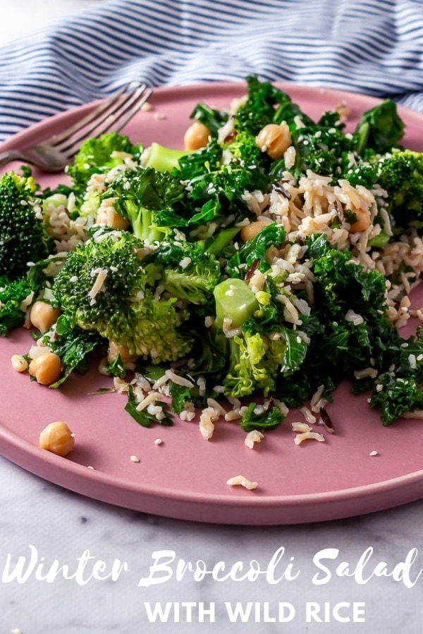 Pinterest image for broccoli and wild rice salad with text overlay