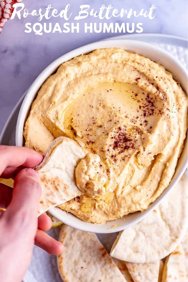 Pinterest image for roasted butternut squash hummus with text overlay