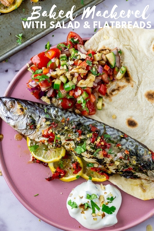 Pinterest image of baked mackerel with text overlay