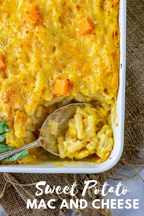 Pinterest image for sweet potato mac and cheese with text overlay