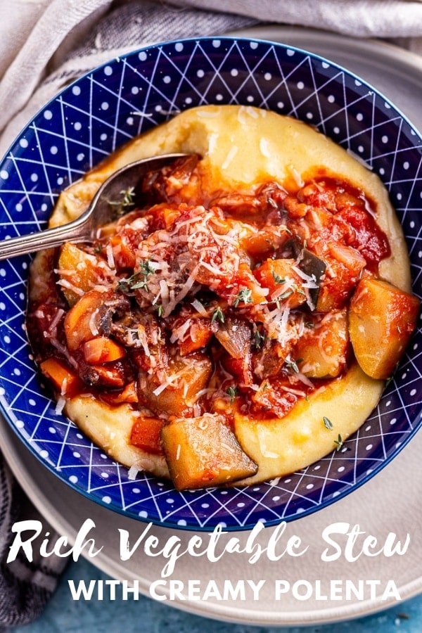 Pinterest image for vegetable stew with creamy polenta with text overlay