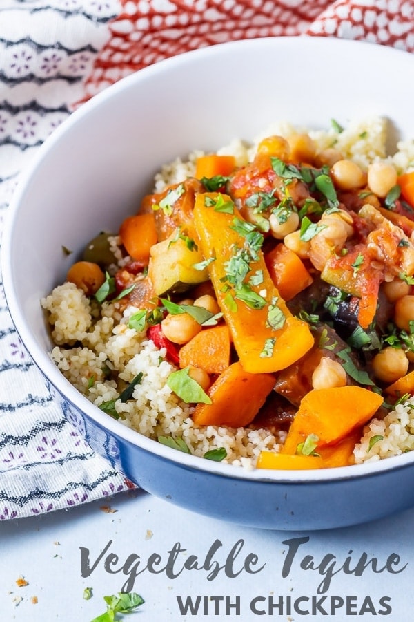 Pinterest image for vegetable tagine with text overlay