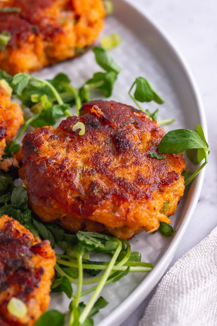 Close up of Thai fish cakes with greens