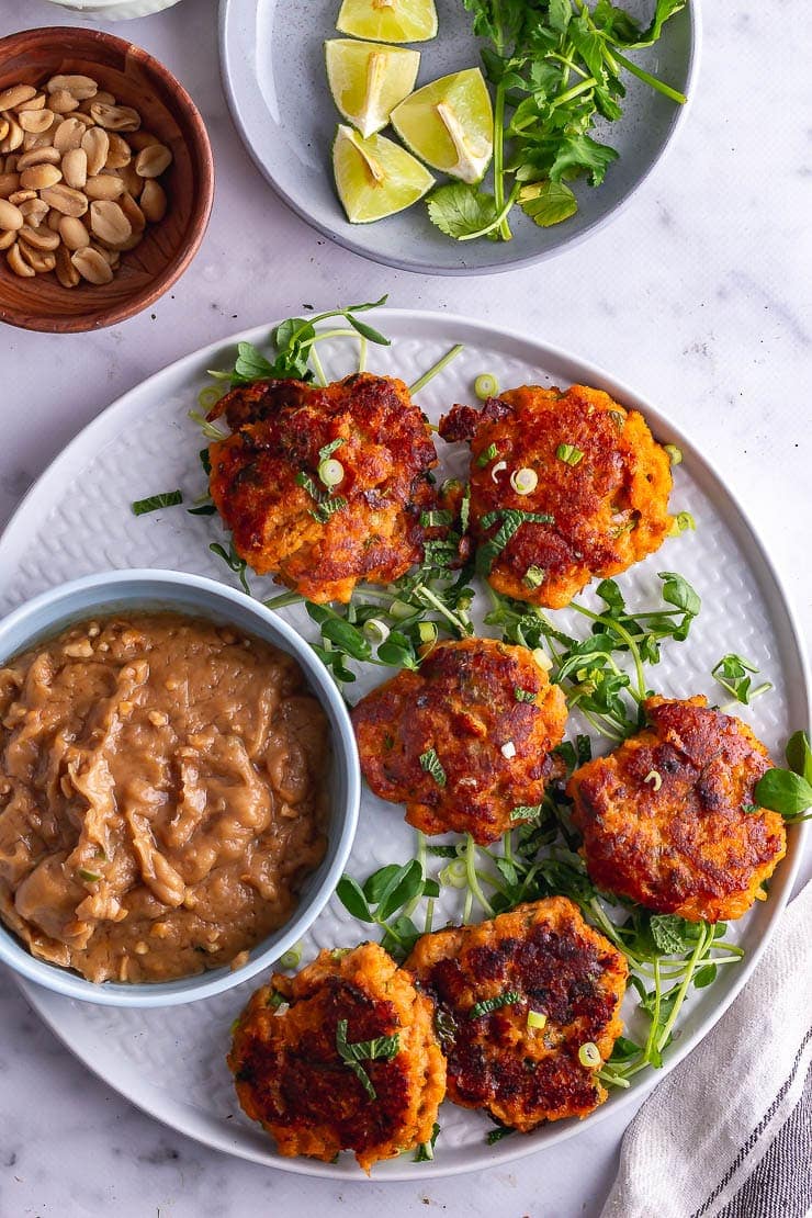 Overhead shot of Thai fish cakes on a marble background